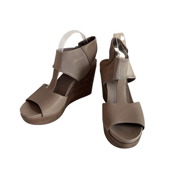 Eileen Fisher Shoes Womens Size 10 Taupe Wedge Sandals Platform Leather Elastic - Picture 1 of 12